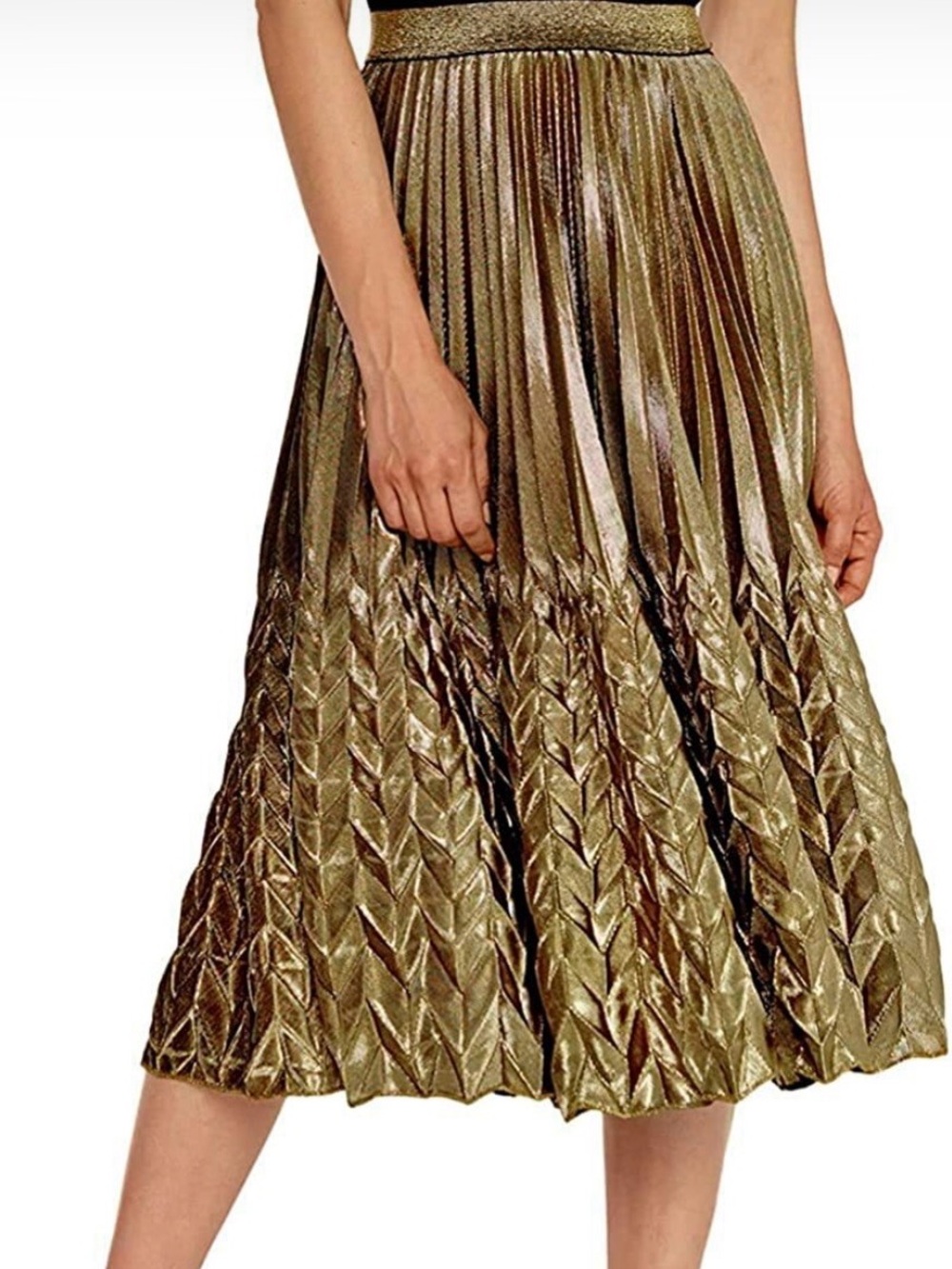 WD•NY Metallic Gold Pleated Midi Skirt